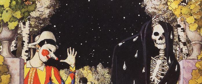 a harlequin and a skeleton greet each other while couples embrace in the background under the night sky